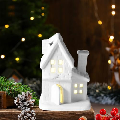 ACAREY Weihnachtsdeko Keramik Weihnachtshäuser mit LED Licht, Weihnachtsdorf Beleuchtet Teelichthaus Keramik Weihnachen LED Haus Windlicht für die Krippe, Weihnachtsdorf Häuser für Weihnachtsdeko (D)