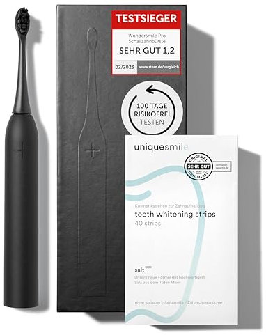 Uniquesmile Zahnaufhellung Whitening Strips Bundle mit Ultraschallzahnbürste - Testsieger 2024-100 Tage risikofrei testen (40 Stück/Ultimate Black)