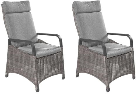 Home4You Gartensessel 2er Set – Terrassenstühle Aluminium – Polyrattan Geflecht braun-anthrazit – Rückenlehne verstellbar – inkl. Kissen – 60x112x65 cm