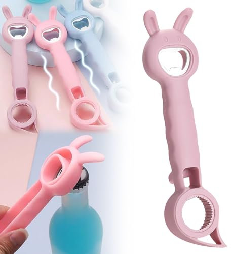 Dosenöffner Manuell, 2025 Neu 4 in 1 Glasöffner Schraubdeckelöffner für Senioren Frauen, Ohne Scharfe Kanten Süßer Hase Deckelöffner, Can Opener Drehverschlussöffner mit Rutschfest Griff