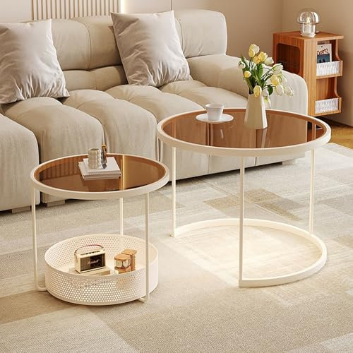 Kaverno Mesa De Centro Redonda, Mesa Nido Juego De 2, Mesa De Centro Salon, Tablero De Mesa De Cristal con Estructura De Hierro, Apilable, Mesa De Cóctel Moderna para Sala De Estar(Brown,55+70cm)