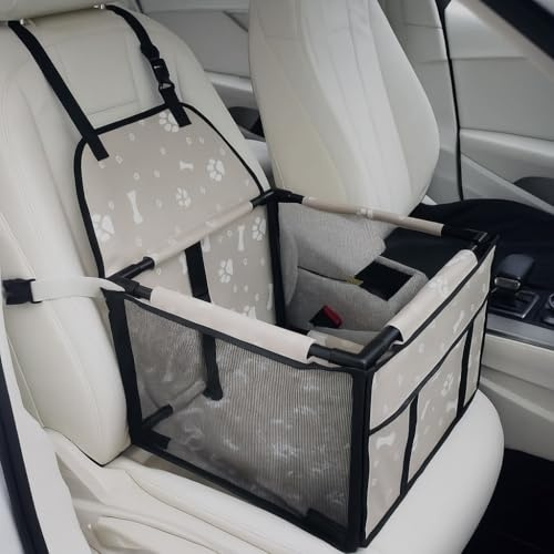 GoBuyer Waterproof Pet Dog Car Seat Booster Carrier Box and Basket with Seat Belt Harness Restraint for Puppy Cat Travel (Grey Bone, Standard 40x40cm)