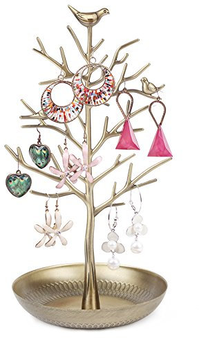 FSROOMZ Baum Schmuckständer mit Vögel Deko, Kettenständer Schmuck Baum für Ketten Ring Ohrring, Damen Armbandständer Schmuckhalter Ohrringhalter Metall Schmuckaufbewahrung für Mädchen Frau (Antikcyan)
