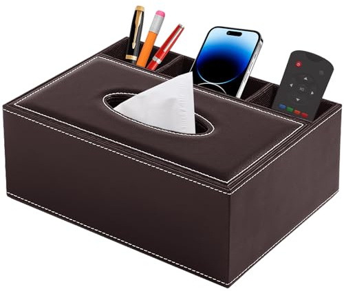 XNONE Taschentuchbox aus PU-Leder, rechteckig, Haushalt, groß, mit Fernbedienungshalter, Büro-Schreibtisch-Aufbewahrungsbox, stilvoll, multifunktional, Schreibwaren-/Servietten-Organizer (braun)