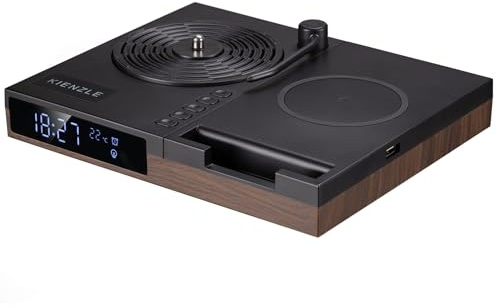 Kienzle Retro Wecker mit Bluetooth Lautsprecher und 15 W Ladepad | Plattenspieler Design, Temperaturanzeige, zwei Weckzeiten, Ambiente Licht mit drei Helligkeitsstufen, Smartphone Halterung