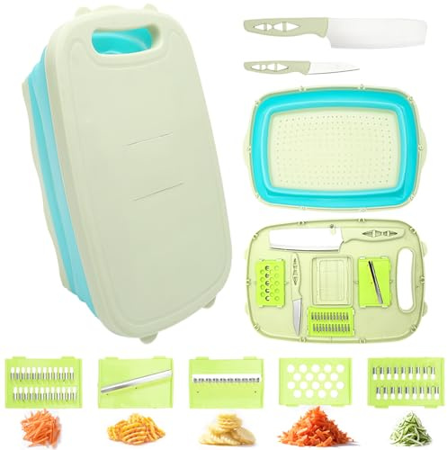 TMZELOA Multifunktionales Schneidebrett, 9 in 1 Faltbares Schneidebrett, Küchenschneidebrett, Schneidebrett Set mit Gemüseschneider, Tragbares Abflusskorb für Camper Zubehör, Grillen & Outdoor