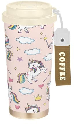 RPLIFE Mug de voyage isotherme à double paroi sous vide avec paille et couvercle à filtre, motif licornes et crinière arc-en-ciel, pour bureau, école, fête, camping 40 ml