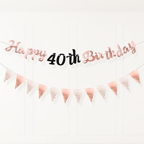 PartyYaa 40. Geburtstag Banner Deko, 40. Geburtstag Girlande & Dreiecksflagge, Rose Gold Party Dekoration für Männer und Frauen