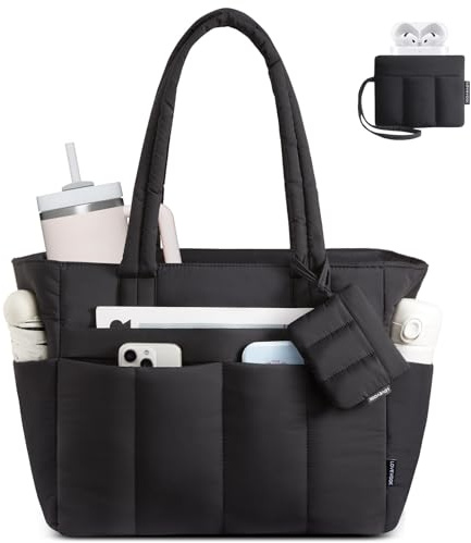 LOVEVOOK Tote Bag for Women, Lightweight Puffer Laptop Handbags Work Bags with Zip and Compartments, Large Capacity Quilted Shoulder Bag for Work, School, Travel, Beach, Gym