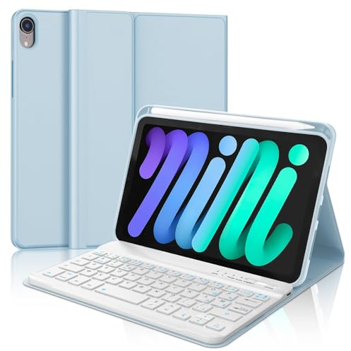 Coque Clavier pour iPad mini 7e Gén(A17 Pro, 2024) & 6e Gén(2021) 8.3, AZERTY Français Housse Clavier Bluetooth Détachable avec Porte Crayon pour iPad mini 7e/6e Génération 8.3 Pouces, Bleu Ciel