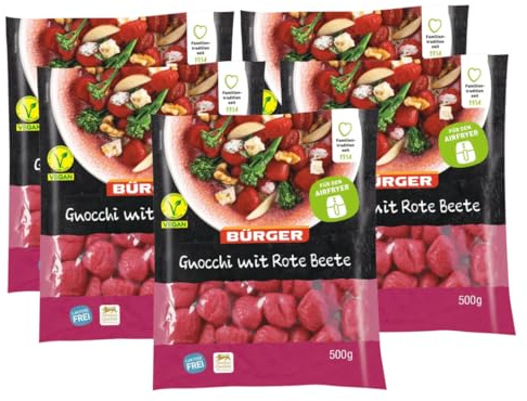 BÜRGER Gnocchi mit Rote Beete, 500 g – kochfeste Kartoffelklößchen, farbige Gemüse-Gnocchi, ideal für kreative Gerichte & Beilagen, für den Airfryer, 5 Beutel á 500g
