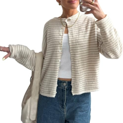 QLQLWDD Womens Striped Cardigan Knitted Button Up Sweaters Crewneck Oversized Loose Knitwear Vintage Y2k