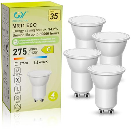 GY Energieklasse C MR11 GU10 LED 2W (ersetzt 35W) 275lm 4000K Neutralweiß Mini Reflektorlampe, Ø 35mm Klein, 120° Abstrahlwinkel, Flimmerfrei Einbaustrahler für Vitrine, Nicht dimmbar, 4er Pack