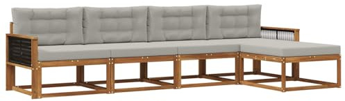 vidaXL Outdoor-Sofagarnitur mit Kissen 5 pcs Natur und Hellgrau, Gartenmöbel Set, modern, wetterfest, Sitzgruppe, Ecksofa, Akazienholz, braun, modulare Lounge