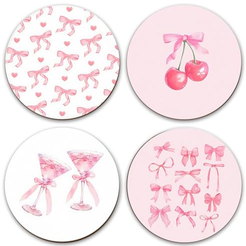 4Pcs Pink Bow Wooden Coasters, Round Car Cup Holder Coaster with Non-slip Base, Exquisite Drink Coaster for Mugs, Teacups and Wine Glasses, Cute Kitchen Accessories for Home Decor
