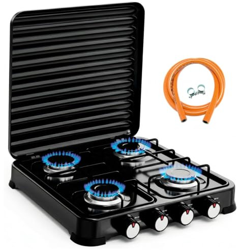 Cocina Hornillo de Gas Portátil 4 Fuegos 8,8kw | Placa de gas con 4 quemadores, Tapa protectora, Para camping y exteriores, Butano y propano, Manguera de presión incluida