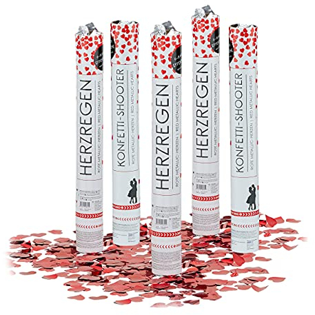 Relaxdays 5 x Party Popper 40 cm rote Herzen im Konfettikanonen Set, Konfetti Bombe für Hochzeit und Geburtstag, Konfetti Shooter 6-8 m Effekthöhe, rot metallic