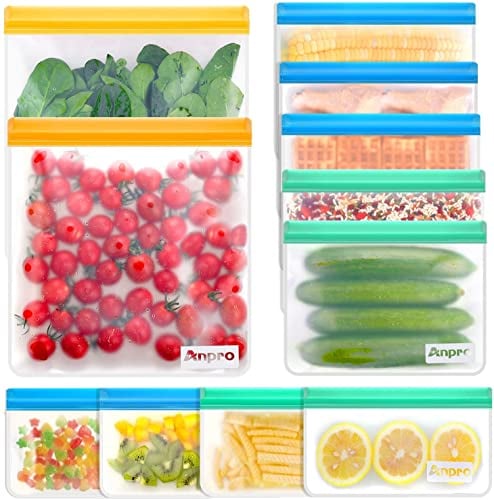 Anpro 11 Pack Reusable Silicone Freezer Bags - Thick BPA Free Reusable Silicone Food Storage Leakproof Ziplock Airtight Container 3 Size for Sandwich, Snacks, Fruits & Vegetables