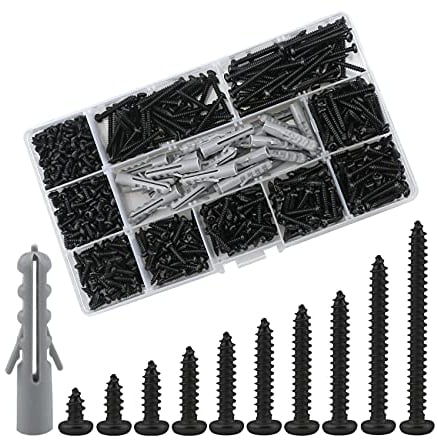 Viti autofilettanti a testa cilindrica M3,630 viti per legno Phillips a testa tonda,kit di tappi a muro di espansione,kit in acciaio al carbonio(6/8/10/12/14/16/18/20/25/30mm)(nero)