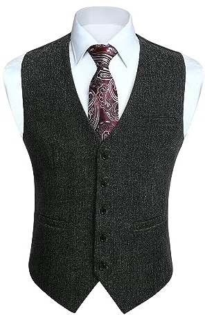 HISDERN Herren Anzugweste Grau Formale Klassische Casual V-Ausschnitt Elegant Einfarbige Westen Hochzeit Business Party Baumwolle Weste 2XL