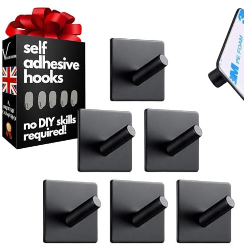 6-Pack Black Metal Self-Adhesive Hooks | Metal Construction, Heavy-Duty, No-Drill | Versatile for Bathroom Towels Bedroom Coats, Kitchen Utensils | Strong Sticky Back | Multipurpose Wall Door Hook