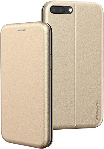 BYONDCASE iPhone 8 Plus Hülle Gold, iPhone 7 Plus Hülle [Deluxe Leder Flip-Case Klapphülle] Handyhülle iPhone 8/7 Plus Fullbody 360 Grad Rundumschutz kompatibel mit dem iPhone 8/7 Plus Case