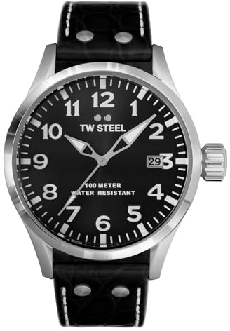 TW Steel Volante Men's Quartz Watch 45mm with 3 Hand Movement and Leather Strap, Black, Modern