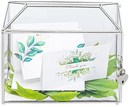 NCYP 26x15x20cm Silberfarbene Glaskartenbox mit Schlitz und Schloss für Geburtstag Party, Handgefertigt geometrisches Kartenhalter, Heimdekoration,Pflanze Terrarium (Nur Glasbox und Schloss)