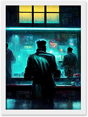 Doppelganger33 LTD Nighthawks Style Futuristic Cyber Noir Bar Artwork Framed Wall Art Print A4