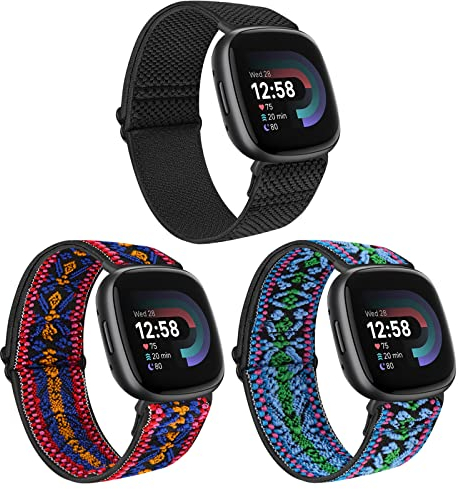 Huamanlou 3 Pack Elastic Nylon Straps Compatible with Fitbit Versa 4/Versa 3/Sense 2/Sense, Soft Loop Adjustable Sport Replacement Wristbands for Women Men