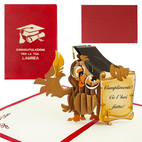 Biglietto Auguri Laurea 3D Biglietto Regalo Pop Up Laurea Rosso con Gufo con Cappello Congratulazione Gadget Laurea per Donna Uomo Addobbi Cerimonia Università