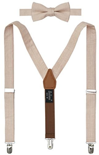 BELLUNO Solide vorgebundene Fliege und Hosenträger Set für Jungen und Jugendliche Events, Partys, Hochzeiten, Baumwolle und Leinen, 84 Hellbraun, 48 (Adult, ＜6'1)