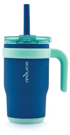 REDUCE Coldee Tumbler mit Griff für Jugendliche, vakuumisolierter Edelstahlbecher mit Deckel und Strohhalm, auslaufsicherer und kaufester Strohhalm, nautischer Nebel