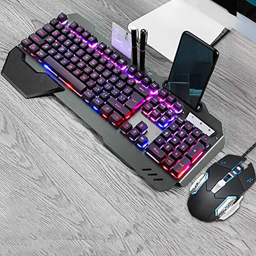 Wired Gaming Keyboard and Mouse Combo, RGB Backlit Keyboard with Magnetic Wrist Rest and Phone Holder, 6 Keys 3200DPI Adjustable Mice, for PC Gamer
