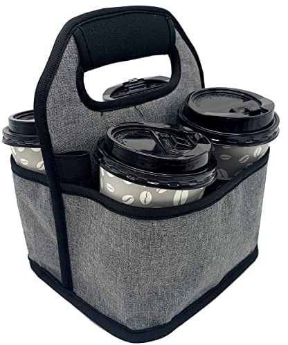 KOSTOO Portable Drink Carrier and Reusable Coffee Cup Holder for Hot or Cold Drinks, On-The-go Water Bottle Cup Caddy with Adjustable Elastic Fastening Strap, Gray (Gray-4 Pockets)