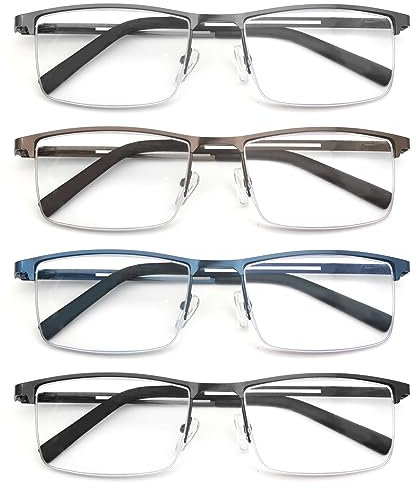 MODFANS 4er-Pack Lesebrille Herren Blaulichtfilter Metallrahmen Rechteck Stil Edelstahl Material