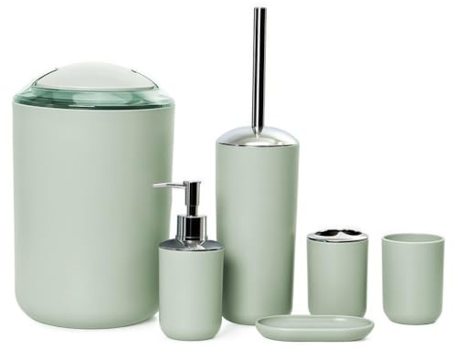 Ensemble Accessoire Salle de Bain 6 Pièces, avec Poubelle, Distributeur de Savon, Porte Savon, Porte Brosse à Dents, Gobelet à Brosse à Dents, Porte Brosse de Toilette, Distributeur,Vert