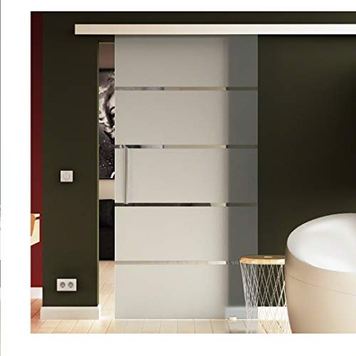 SoftClose/SoftStop Glasschiebetür 900x2050 mm Milchglas Satiniert gestreift (S) Sadora® SlimLine-System komplett Laufschiene und Stangengriff beidseitig. ESG-Sicherheitsglas