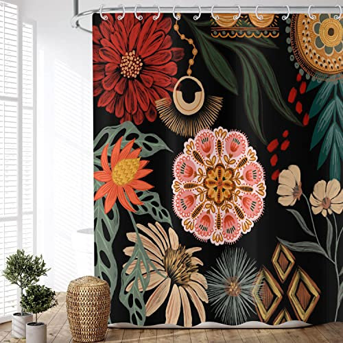 ASDCXZ Boho Duschvorhang 240x180 cm (BxL), Retro Abstrakt Kunst Rose Rot Beige Blume Grün Blätter Schwarz Waschbar Duschvorhänge Textil Wasserdicht Duschvorhang für Badewanne mit 12 Haken