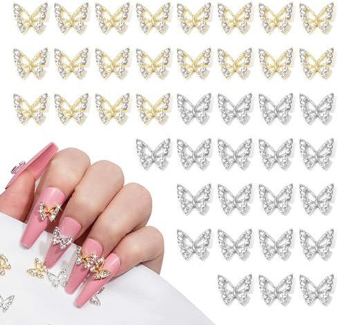 40 Stück Glitzer Schmetterlings Nägel Charms Metall Nailart Anhänger Strasssteine für Diamanten Nageledelsteine Nagelschmuck Kunst Dekorations Nail Art Schmuckherstellung(Gold, Silber)
