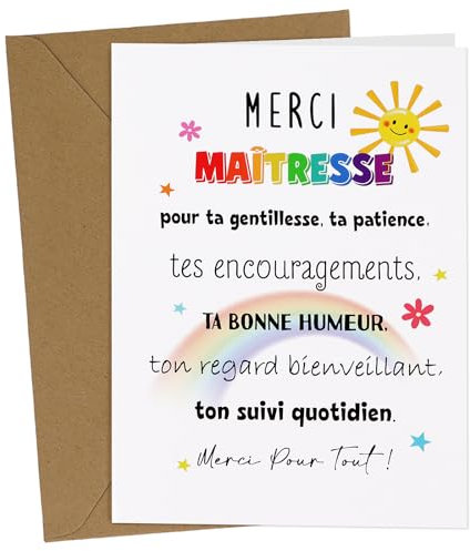 COLOFALLA Carte de Remerciement Cadeau Merci Maîtresse Carte de Vœux avec Enveloppe Kraft pour Maîtresse Cadeau Enseignants de Fin d'année École Scolaire Maternelle Cadeau Maîtresse Noël