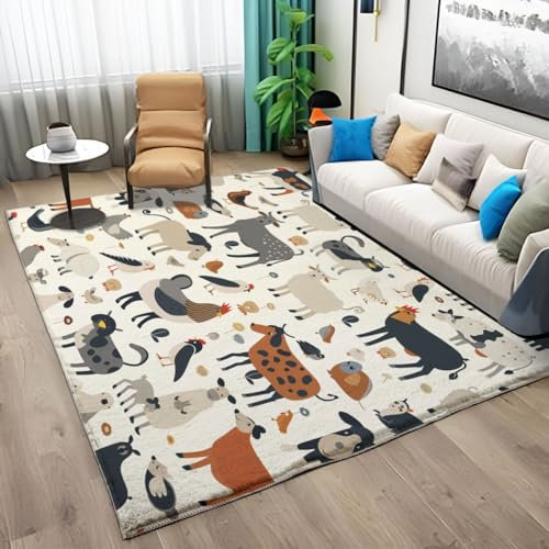 Teppich 160x230cm rutschfest Waschbar Teppich, Landtiere Huhn Kuh Druck Teppich für Dekoration Schlafzimmer Kinderzimmer Wohnzimmer Kurzflor Teppich Braun Kinderteppiche