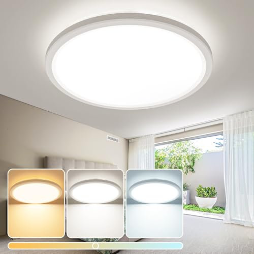 slochi LED Deckenleuchte 29CM 24W 2400LM, 3 Farben Deckenlampe 3000K/4500K/6500K, Flach Rund Badezimmer Lampe IP44 Wasserfest, Badlampe Decke für Küche Wohnzimmer Schlafzimmer