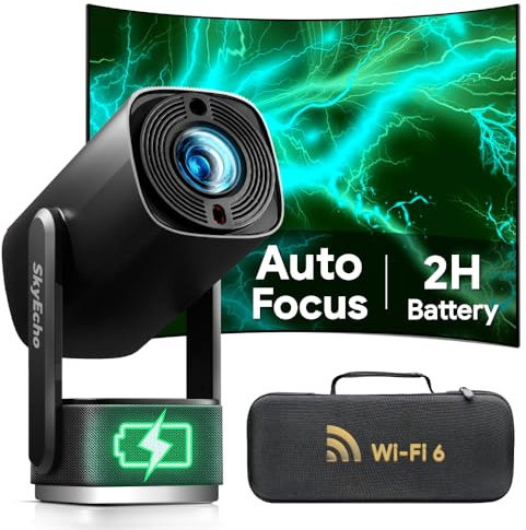 Beamer Mit Akku 【 ±270° Drehbar/Autofokus/Trapezkorrektur 】 K2 Smart Projektor Mit WiFi Und Bluetooth, FüR Schlafzimmer Decke DraußEn Tragbar Film UnterstüTzt 1080p 4k Videowiedergabe (Schwarz)