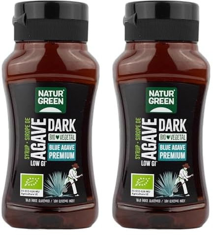 NaturGreen - Sirope de Agave Dark BIO, Sirope de Agave Premium, Ecológico, Bajo Índice Glucémico, Endulzante, 100% Vegano, Sin Gluten, Sin Lactosa - 258 ml/350g (Paquete de 2)