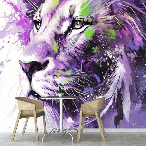 ANALTIRCE Papier Peint Photo Wallpaper Mural,3D Panoramique Murale Lion Aquarelle Abstrait Animal, Papier Peint soie 300×210 cm, pour Salon, Chambre Enfant Décoration Murale