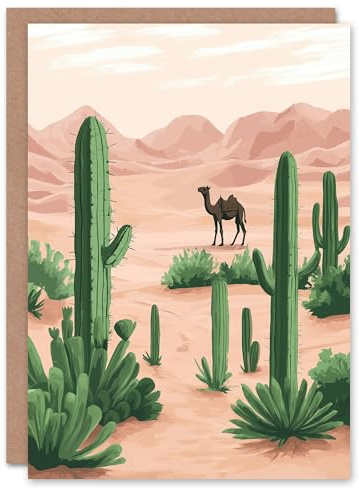 Artery8 Greeting Card Camel in Pastel Pink Desert Sand Dunes and Cacti Blank For Him Or Her Art Birthday Card