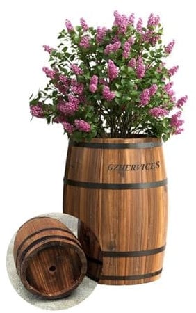 Pflanzgefäße, rund, Blumeneimer, Blumenständer, Vintage-Weinfass, Holzfass-Pflanzgefäß, Blumentopf, Drainageloch für Innenbereich, Heimdekoration, Behälter (30 x 35 cm, braun)