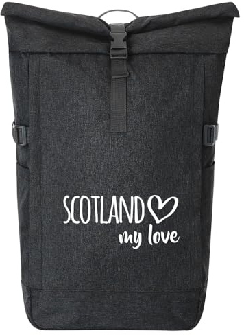 Huuraa Kurierrucksack Scotland my love 30-44 Liter Black Melange Fairtrade Rolltop Rucksack Geschenkidee