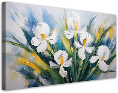 Feeby - Tableaux Decoratifs - Tableau Salon Grand Format - Iris blancs peints - 100x50 1partie - Tableau Decoration Murale - Toile Imprimée - Impression sur Toile Peinture